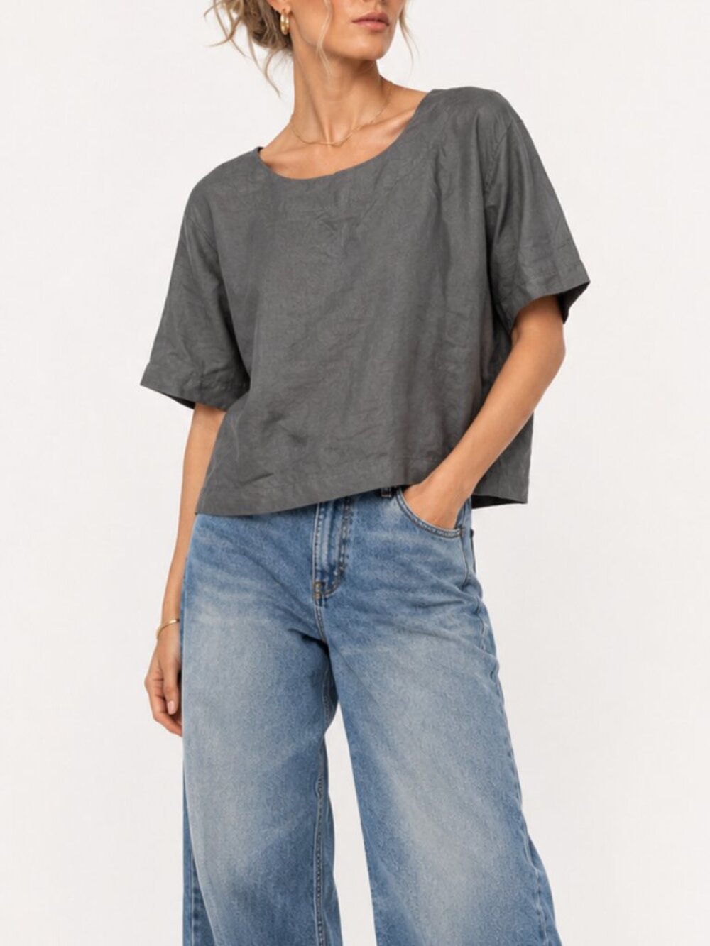 Magoma Dakar Senegal Gray Linen Look Boxy Artisan Top L XL